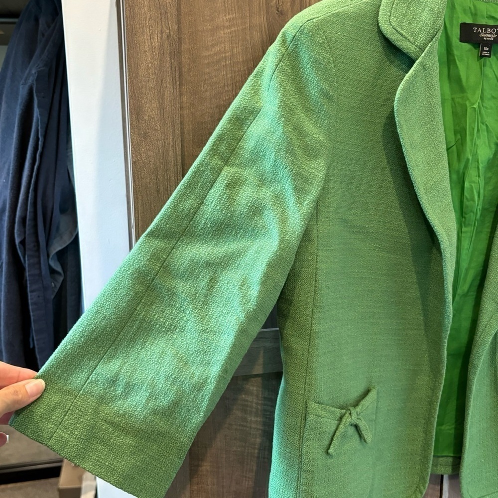 Talbots 10p Linen Blend Blazer Open Front Green 3… - image 5